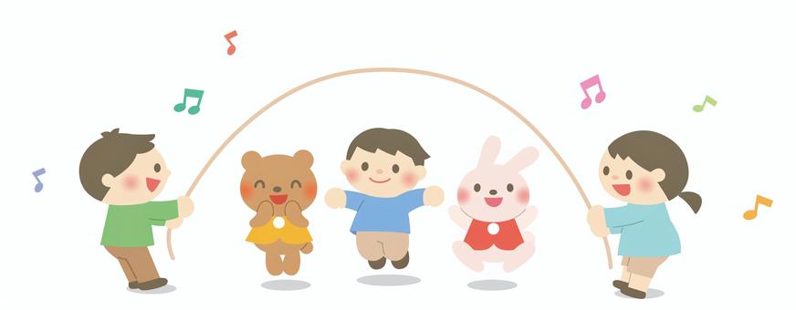 みんなで縄跳び背景なし 縄跳び,なわとび,大縄跳び,子供,こども,グループ,子ども,動物,かわいい,外遊びのイラスト素材