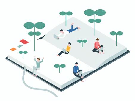 アイソメトリック_本の上で学ぶ人々 アイソメトリック,立体,アイソメ,斜め上,ノート,パソコン,自習,大学生,読書,時間のイラスト素材