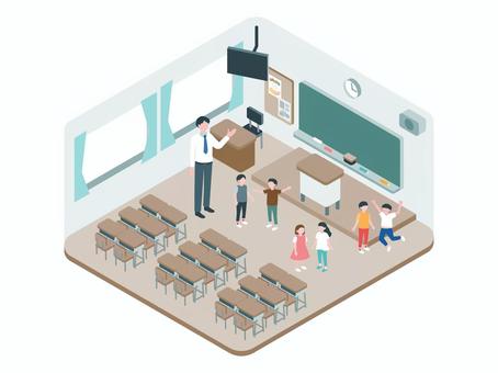 アイソメトリック_学校生活02 アイソメトリック,立体,アイソメ,斜め上,教室,学校,子ども,先生,学習,環境のイラスト素材