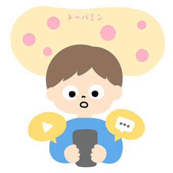 ドパガキをイメージしたイラスト 男の子,ドパガキ,子供,幼児,スマートフォン,ドーパミン,sns,メッセージ,動画,見るのイラスト素材