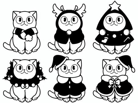 ねこのクリスマス【モノクロ】 猫,ねこ,クリスマス,冬,コスプレ,洋服,ネコ,サンタ,サンタクロース,クリスマスツリーのイラスト素材