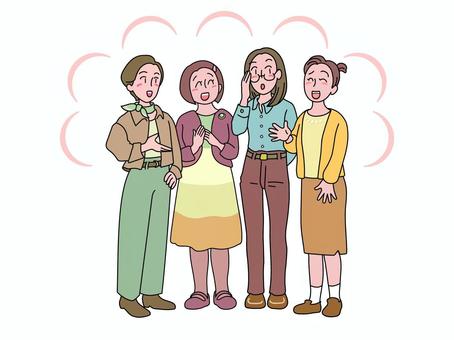 楽しくおしゃべりする女性たち 女性,4人,おしゃべり,楽しい,笑顔,にぎやか,和気あいあい,手ぶり,和やか,日常のイラスト素材