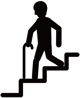 杖を使って階段を降りる老人・その２ 老人,階段,杖,降りる,ピクトグラム,アイコン,棒人間,段差,通路,道のイラスト素材
