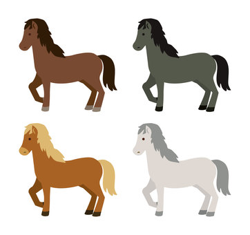 干支の午・馬セット_年賀素材3 馬,動物,生物,競馬,たてがみ,サラブレッド,全身,毛色,ポーズ,横向きのイラスト素材