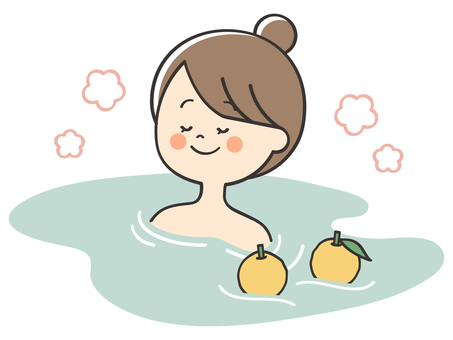 柚子風呂に浸かる女性 柚子風呂,お風呂,風呂,入浴,温泉,銭湯,柚子,柚子湯,露天風呂,バスタイムのイラスト素材
