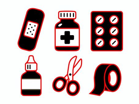 救急箱セット 救急箱,医療用品,絆創膏,薬瓶,錠剤,薬,はさみ,テープ,消毒液,目薬のイラスト素材