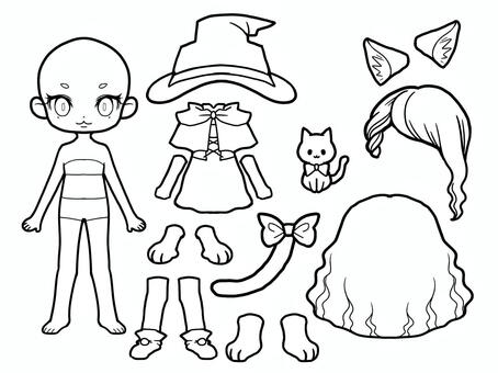 着せ替え　ハロウィン　魔女　猫 着せ替え,ぬり絵,着せ替え人形,女の子,ハロウィン,魔女,猫,白黒,モノクロ,おうち遊びのイラスト素材