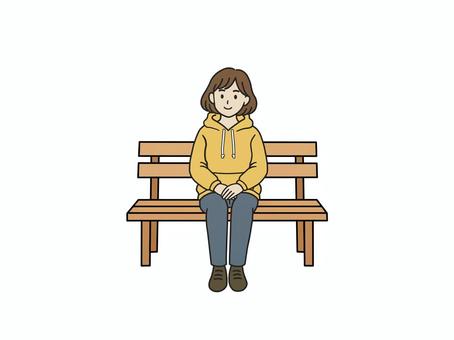 ベンチに座る女性 女性,ベンチ,座る,公園,休憩,パーカー,カジュアル,リラックス,笑顔,日常のイラスト素材