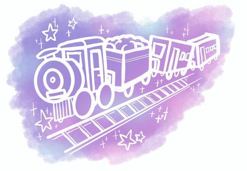 ゆめかわいい夜空の汽車（銀河鉄道の夜） 乗り物,文学,夜空,汽車,星,紫,白線,線路,車両,グラデーションのイラスト素材