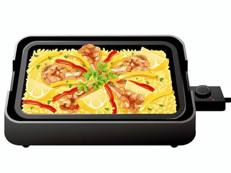 チキンパエリア（ホットプレート） パエリア,洋食,スペイン,料理,食べ物,ご飯,米,チキン,手羽元,パプリカのイラスト素材