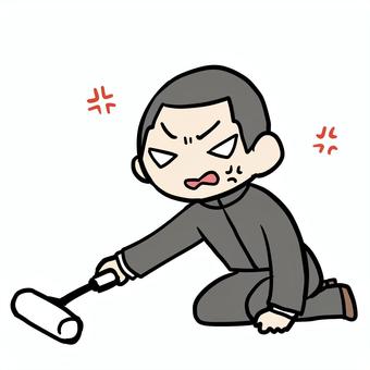 コロコロをかける怒る学生少年 学生,コロコロ,掃除,怒る,不満,激怒,イライラ,むかむか,ストレス,かけるのイラスト素材