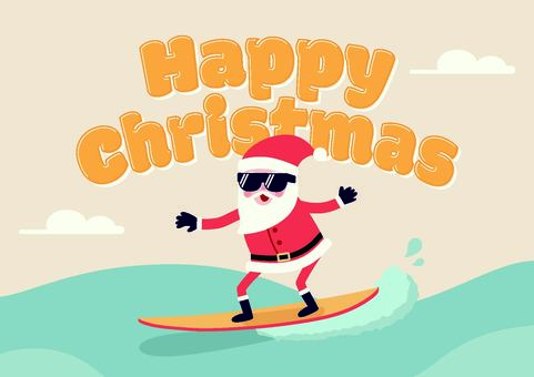 サーフィンをするサンタクロースのイラスト クリスマス,サンタクロース,サーフィン,夏,波乗り,レトロ,カラー,フラット,デザイン,可愛いのイラスト素材