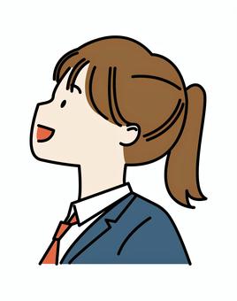 上を向くブレザーポニーテールの女子学生 女子高生,ポニーテール,茶髪,髪の毛,横顔,上を向く,上,見上げる,見る,上見るのイラスト素材