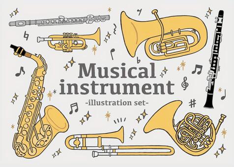 楽器のイラストセット 楽器,木管楽器,金管楽器,フルート,クラリネット,サックス,ホルン,チューバ,トランペット,トロンボーンのイラスト素材
