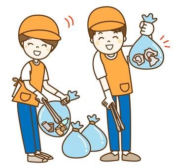 ゴミを拾う1 ゴミ,ゴミ拾い,地域活動,ビニール袋,袋,エプロン,帽子,男性,女性,夫婦のイラスト素材
