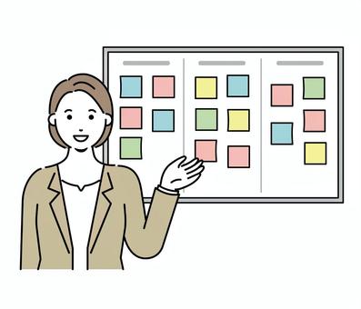 ホワイトボードに付箋を貼るビジネスマン 仕事,スーツ,ビジネスマン,ビジネスウーマン,会議,ブレインストーミング,ブレスト,女性,ホワイトボード,目標のイラスト素材