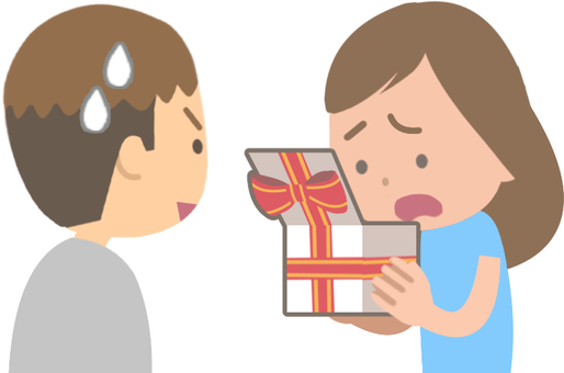 彼氏からもらったプレゼントが不満な彼女 プレゼント,贈り物,ガッカリ,欲しくない,女性,好み,違う,開ける,開封,不満のイラスト素材