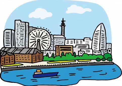 横浜風景 横浜,風景,みなとみらい,港,海,船,景色,観覧車,ビル,観光地のイラスト素材