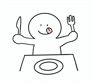 料理が運ばれるのを待っている棒人間 舌なめずり,ナイフ,フォーク,笑顔,食事,棒人間,線画,キャラクター,手描き,手書きのイラスト素材