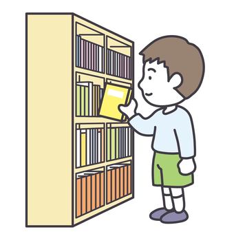 本棚から本を取る男の子 読書,読書の秋,小学生,子供,本,本棚,取る,図書,図書室,図書館のイラスト素材