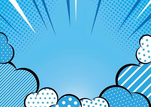 青色のポップな模様の雲と効果線 集中線,効果線,雲,ポップ,ドット,ライン,青色,背景のイラスト素材
