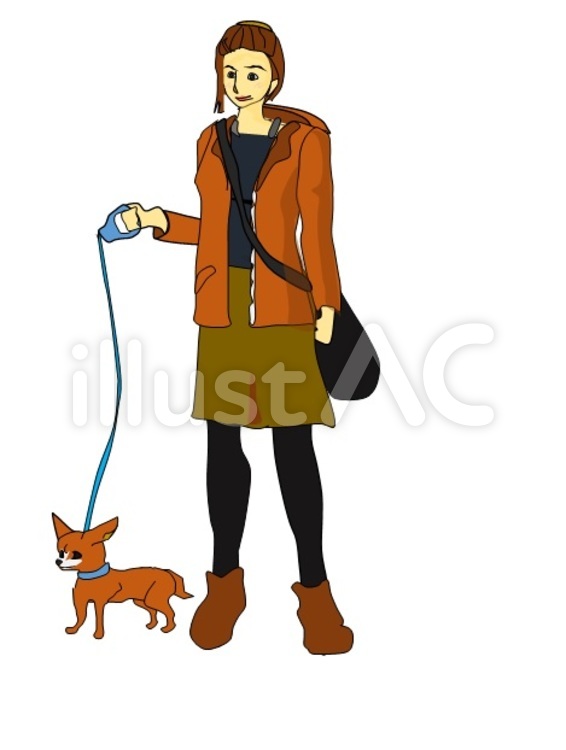 女性と小型犬 女性,小型犬,リードのイラスト素材