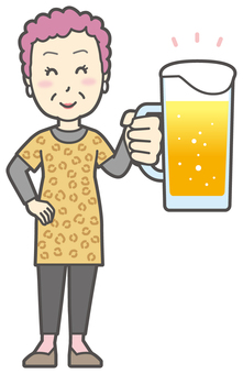  大阪のおばちゃん-189-全身 ビール,笑顔,おばちゃん,大阪,ヒョウ柄,おばはん,中年,女性,関西,派手のイラスト素材