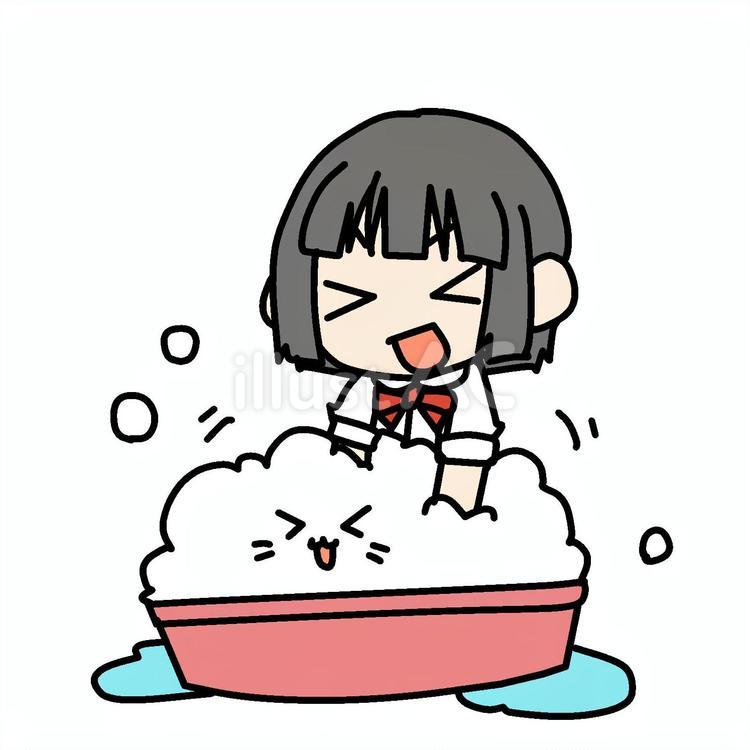 楽しく猫を洗う少女 小学生,猫,洗うのイラスト素材