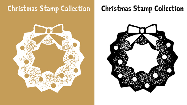 クリスマスリーススタンプイラスト　白黒 クリスマス,手描き,リース,スタンプ,白黒,モノクロ,クリスマスリース,リボン,飾り,オーナメントのイラスト素材
