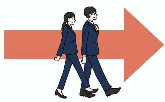 胸を張って歩くスーツ姿の男女と矢印 男性,女性,男女,全身,歩く,進む,笑顔,矢印,成長,前進のイラスト素材