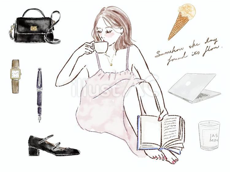 座る女性　セット　読書　コーヒー　PC 女性,座る,読書のイラスト素材