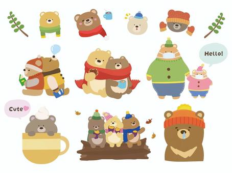 冬のクマのイラスト詰め合わせセット 動物,冬,くま,読書,仲良し,兄弟,トリオ,マフラー,手袋,ニット帽のイラスト素材