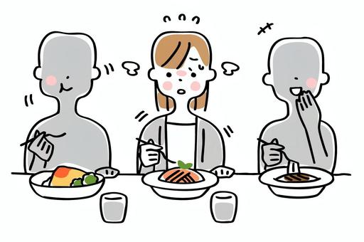 会食が苦手な女性＿ビフォー 会食,会食恐怖症,食事,ランチ,人前,苦手,不安,緊張,ドキドキ,辛いのイラスト素材