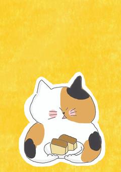 カステラと三毛猫ちゃん かわいい,カステラ,お菓子,洋菓子,デザート,スイーツ,甘い,食べ物,おやつ,おいしいのイラスト素材