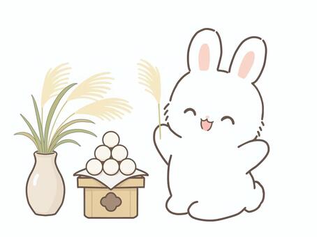 すすきと団子と、にっこり白うさぎ 十五夜,中秋の名月,月見,お月見,十五夜の月,月夜,夜空,秋,秋分,秋の風物詩のイラスト素材