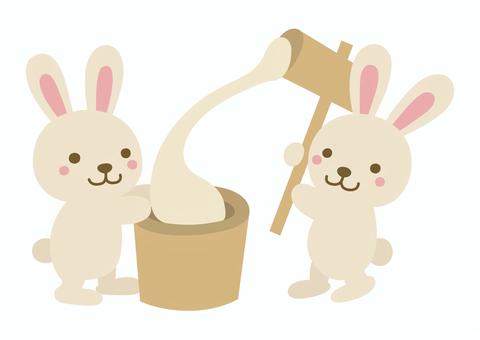 Illustration of a cute rabbit making mochi, , JPG, PNG and AI