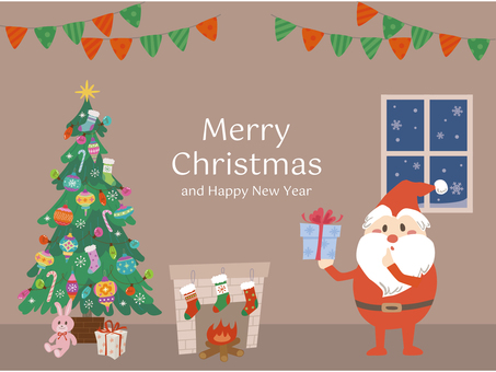 プレゼントを届けるかわいいサンタ　モダン サンタ,サンタクロース,クリスマス,メリークリスマス,部屋,室内,暖炉,窓,雪,雪の結晶のイラスト素材