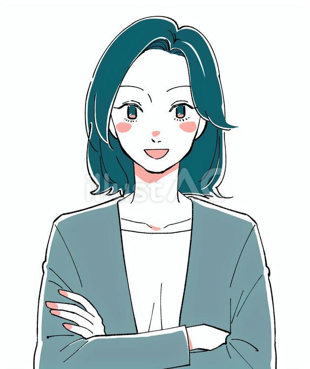 腕を組んで笑っている・笑顔の女性　手描き 女性,ビジネス,自信のイラスト素材