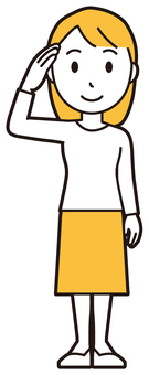  ロングヘア女性(黄)-237-全身 挨拶,女性,女の子,人物,かわいい,表情,敬礼,ポーズ,お礼,ありがとうのイラスト素材