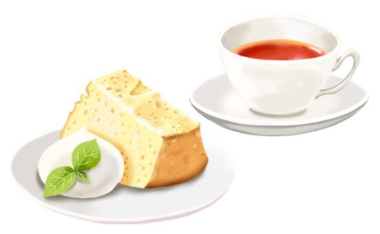 シフォンケーキとシンプルなカップの紅茶 ケーキ,シフォン,生クリーム,紅茶,喫茶,カフェ,ふわふわ,おやつ,甘い,美味しいのイラスト素材