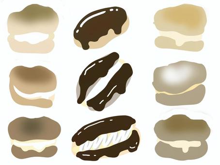 シュークリームとエクレアのイラスト 食べ物,シュークリーム,エクレア,お菓子,洋菓子,スイーツ,イラスト,セット,手描き,かわいいのイラスト素材