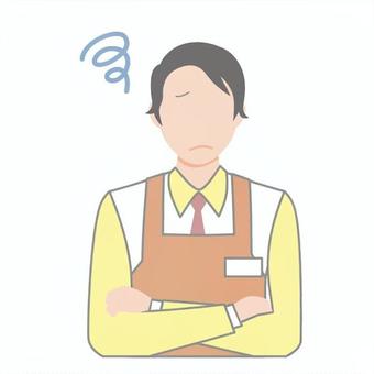 悩むファミレス店長 悩むファミレス店長 悩む,店長,困る,人,男性,エプロン,名札,制服,上半身,1人のイラスト素材