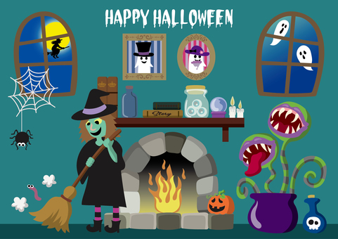 ポップなハロウィン背景-4（A4横） ハロウィン,秋,壁紙,10月,シンプル,魔女,部屋,室内,ゴースト,館のイラスト素材