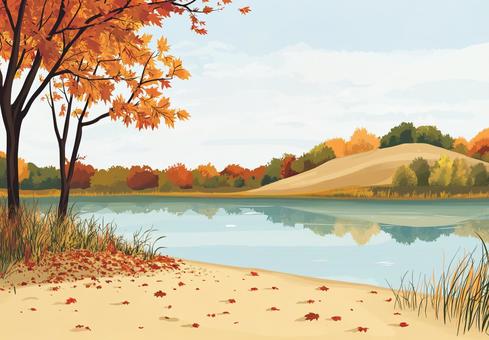 紅葉した秋の湖と山の風景5