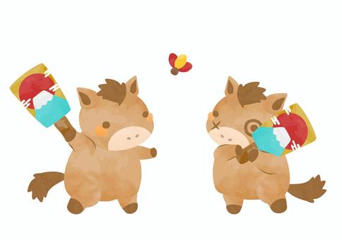 羽根つきをする可愛いお馬さんたち 2026年,馬,動物,干支,羽根つき,かわいい,遊ぶ,羽根,羽子板,日本のイラスト素材