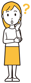  ロングヘア女性(黄)-129-全身 はてな,女性,女の子,人物,かわいい,考える,疑問,不思議,質問,困るのイラスト素材