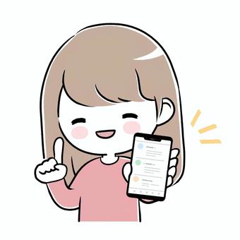 人差し指を立ててスマホを見せる女性