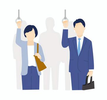 電車でつり革につかまるビジネスパーソン つり革,電車,人物,イラスト,ビジネスマン,ビジネスウーマン,ビジネスパーソン,会社員,通勤,車内のイラスト素材