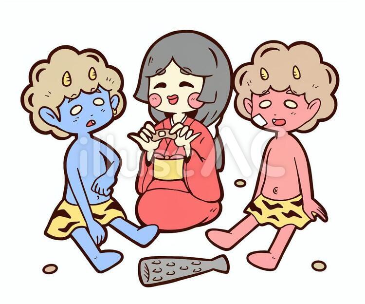 福に手当てをされる青鬼と赤鬼 節分,豆まき,鬼のイラスト素材
