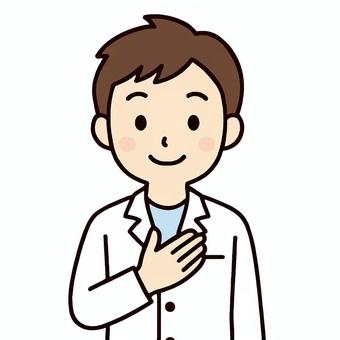 胸に手を当てる白衣姿の男性